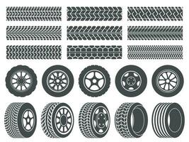 Rad Reifen. Auto Reifen treten Spuren, Motorrad Rennen Räder Symbole und schmutzig Reifen Spur Vektor Illustration einstellen