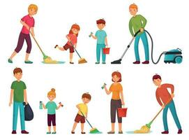 familj hushållsarbete. föräldrar och barn rena upp hus, rengöring med Vakuum rengöringsmedel och tvätta golv tecknad serie vektor illustration uppsättning