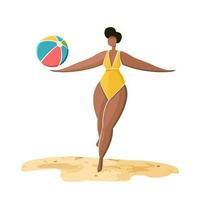Strand Szene von ein Frau spielen mit Strand Ball isoliert auf Weiß Hintergrund. Ferien auf Strand Küste Konzept. Vektor Illustration