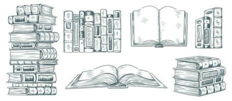 hand teckning böcker. dragen skiss av litteratur. skola eller högskola studenter bibliotek bok illustration vektor samling