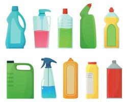 Waschmittel Flaschen. Reinigung liefert Produkte, bleichen Flasche und Plastik Waschmittel Behälter Karikatur Vektor Illustration