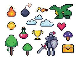 Pixel Spiel Elemente. pixelig Krieger und 8 bisschen Pixel Drachen. retro Spiele Wolken, Bäume und Symbole Vektor einstellen