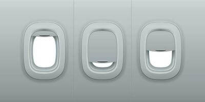 Flugzeug Fenster. Flugzeug Innen- Bullaugen, Flugzeug Innere Fenster und Rumpf Glas Bullauge 3d Vektor Illustration