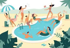 Schwimmen Schwimmbad Party. Sommer- draußen Menschen im Badebekleidung schwimmen zusammen und Gummi Ring schwebend im Schwimmbad Wasser Vektor Illustration