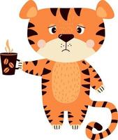 sorglig upprörd tiger står med en kopp kaffe vektor