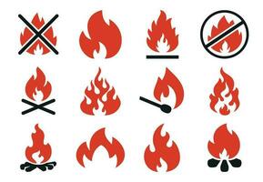 brennen Feuer Symbol. Verbrennung Flamme Feuerball Silhouette oder Achtung Lagerfeuer. flammend Explosion eben Illustration einstellen vektor