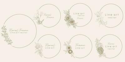 uppsättning av minimal feminin botanisk blommig ram eller logotyp med trendig blommor vektor