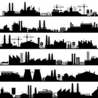 fabrik konstruktion silhuett. industriell fabriker, raffinaderi panorama och tillverkning byggnader horisont vektor illustration uppsättning