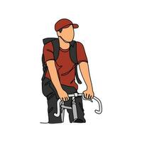 ein Mann Verwendet ein Fahrrad zu gehen zu Arbeit im kontinuierlich Linie Kunst Zeichnung Stil. Design mit minimalistisch schwarz linear Design isoliert auf Weiß Hintergrund. Sport Themen Vektor Illustration