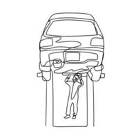 ett kontinuerlig linje teckning av en mekaniker är reparation de bil. bil- design begrepp med enkel linjär stil. bil- vektor design illustration begrepp.