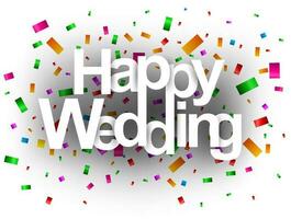 Lycklig bröllop hälsning kort papper skära, vektor illustration