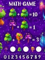 matematik spel arbetsblad, tecknad serie fantastisk magi träd vektor