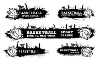 Basketball Sport Grunge Banner, Spieler und Bälle vektor