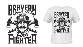 brandman t-shirt skriva ut av brandman, hjälm, axlar vektor