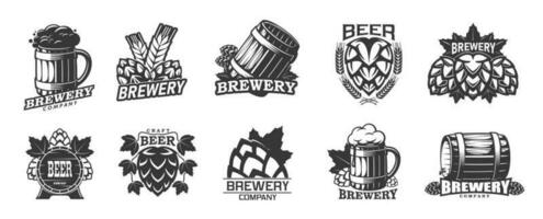Bier Brauerei Symbole, Becher, Fass und Malz hüpfen, Kneipe vektor