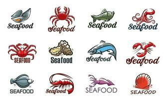 Meeresfrüchte Symbole mit Fisch, Garnele, Hummer und Krabbe vektor