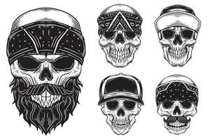 einstellen bündeln dunkel Kunst Schädel Fahrer Biker retro Jahrgang tätowieren Helm Motorrad Hand gezeichnet Stil Illustration vektor