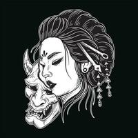 dunkel Kunst japanisch Mädchen Rose Geisha Frau Schädel Maske tätowieren traditionell Illustration vektor