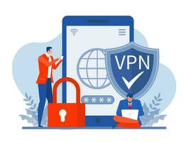 vpn teknologi service koncept, affärsman använda sig av browser avblockera på hemsida på mobil virtuell privat nätverk. säkra nätverk förbindelse och Integritet skydd vektor illustration