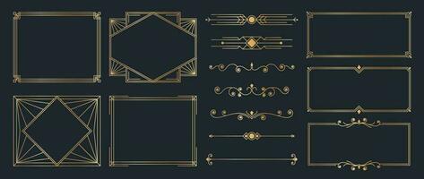 Sammlung geometrischer Art-Deco-Ornamente. luxuriöse goldene dekorative elemente mit verschiedenen linien, rahmen, überschriften, teilern und rändern. satz elegantes design geeignet für karte, einladung, poster. vektor