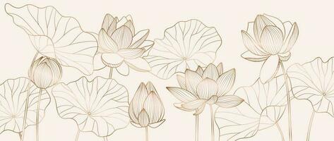 lyx hand dragen lotus blommor bakgrund vektor. elegant lutning guld lotus blommor linje konst, löv på vit bakgrund. orientalisk design för bröllop inbjudan, omslag, skriva ut, dekoration, mall. vektor