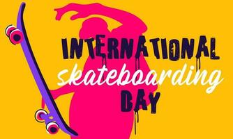 baner av de internationell skateboard dag. de silhuett av en kille med en skateboard gör en hoppa på rosa. skateboard knep, styrelse ridning, Hoppar. skateboard juni 21 vågrätt vektor