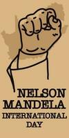 Nelson Mandela International Tag. Lager Vektor Illustration. ein Kontur Zeichnung mit ein angehoben Hand geballt in ein Faust gegen das Hintergrund von das Umrisse von Süd Afrika. Rechte, Stärke, Sieg
