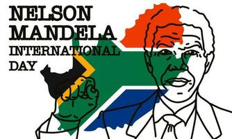 Nelson Mandela International Tag. Lager Vektor Illustration. Kontur Porträt mit angehoben Hand gegen das Hintergrund von das Flagge und das Gliederung von Süd Afrika. Rechte, Stärke, Sieg, Gleichberechtigung