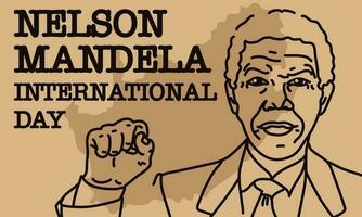 Nelson Mandela International Tag. Vektor Illustration. Kontur Porträt mit angehoben Hand gegen das Hintergrund von das Gliederung von Süd Afrika. braun Schattierungen. Rechte, Stärke, Sieg, Gleichberechtigung