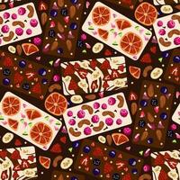 ein Muster von dunkel und Weiß Schokolade Fliesen mit dekorativ Früchte und Beeren. Schokolade Riegel mit handgemacht Dekor. nahtlos zum Drucken auf Textilien und Papier. Geschenk Verpackung. Welt Schokolade Tag vektor
