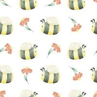 fliegend Bienen und rot Blumen. Aquarell nahtlos Muster zum Kinder. auf ein Weiß Hintergrund. zum Baby Dusche, Textilien, Kindergarten Dekor, Verpackung, Verpackung Papier und Scrapbooking vektor