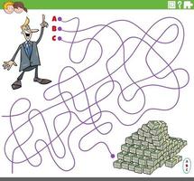 Labyrinthspiel mit Cartoon-Geschäftsmann und Haufen Geld vektor
