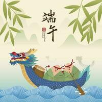 drake båt festival med ris klimp tecknad serie karaktär och drake båt. vektor illustration.