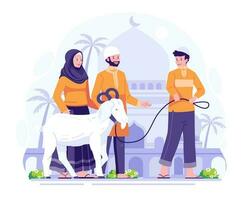 glücklich eid adha Mubarak. Muslim Menschen bringen ein Ziege zum Qurban oder Opfern auf eid al Adha. Vektor Illustration