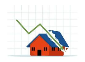 hus kris, verklig egendom skuld, eller faller fast egendom priser. låg kosta verklig egendom begrepp. pil grafisk handla om hus. effekt av global lågkonjunktur. platt vektor illustration på en vit bakgrund.