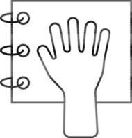 Hand auf Spiral- Notizbuch Symbol im schwarz Linie Kunst. vektor