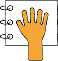 Hand auf Spiral- Notizbuch Symbol im Orange und Weiß Farbe. vektor
