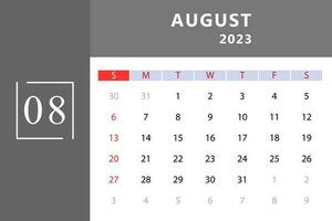 augusti 2023 kalender mall. vektor illustration.
