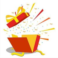 öffnen Geschenk Box Vektor Illustration mit Gelb Bogen und abstrakt Party dekorativ