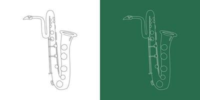 Bass Saxophon Linie Zeichnung Karikatur Stil. Messing- Instrument Bass Saxophon Clip Art Zeichnung im linear Stil isoliert auf Weiß und Tafel Hintergrund. Musical Wind Instrument Clip Art Konzept, Vektor
