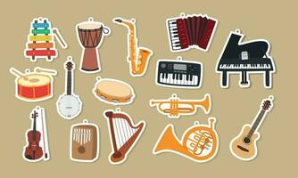 Musical Instrumente Clip Art Karikatur Aufkleber Satz. Xylophon, Saxophon, Schlinge Trommel, Tambourin, Klavier, Gitarre, Geige, Harfe, Trompete, Akkordeon Aufkleber Vektor Design