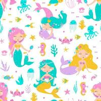 sömlös mönster med sjöjungfru, löv, snäckskal, sjöhäst och fisk. söt vektor illustration