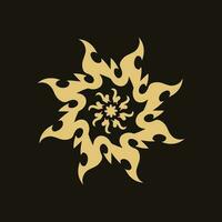 Gold Mandala Stammes- flammend Sonne Symbol Logo auf schwarz Hintergrund. Schablone Abziehbild tätowieren Design. eben Vektor Illustration.