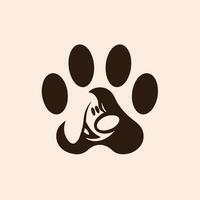 Haustier Geschäft Logo Design mit Hündchen im das Mitte von Hund Pfoten. Tier Schablone eben Vektor Illustration.