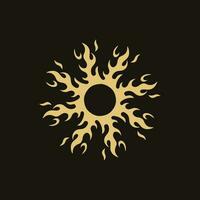 Gold Mandala Stammes- flammend Sonne Symbol Logo auf schwarz Hintergrund. Schablone Abziehbild tätowieren Design. eben Vektor Illustration.