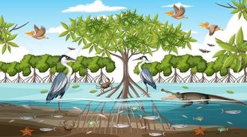 mangroveskogslandskapsscen på dagtid med många olika djur vektor
