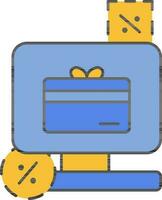 Gelb und Blau Geschenk Karte im Desktop Bildschirm zum online Einkaufen oder Verkauf Symbol. vektor