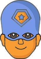 Orange und Blau Superheld Helm tragen Mann Gesicht Symbol im eben Stil. vektor