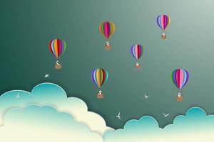 bunte Heißluftballons, die auf dem Himmelspapierkunststil schweben vektor