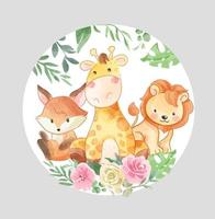 niedliche wilde Tiere und Blume in Kreisformillustration vektor